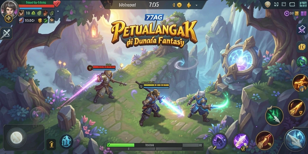 Screenshot gameplay <strong>77AG</strong> menunjukkan aksi pertarungan yang intens dan dunia yang indah.