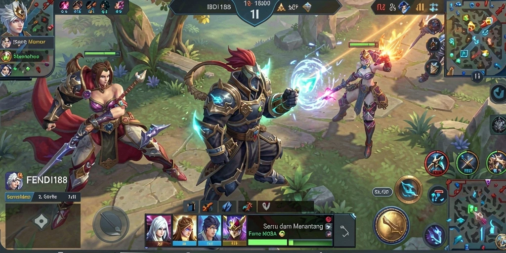 Screenshot gameplay FENDI188 menampilkan aksi pertarungan seru dalam game MOBA.