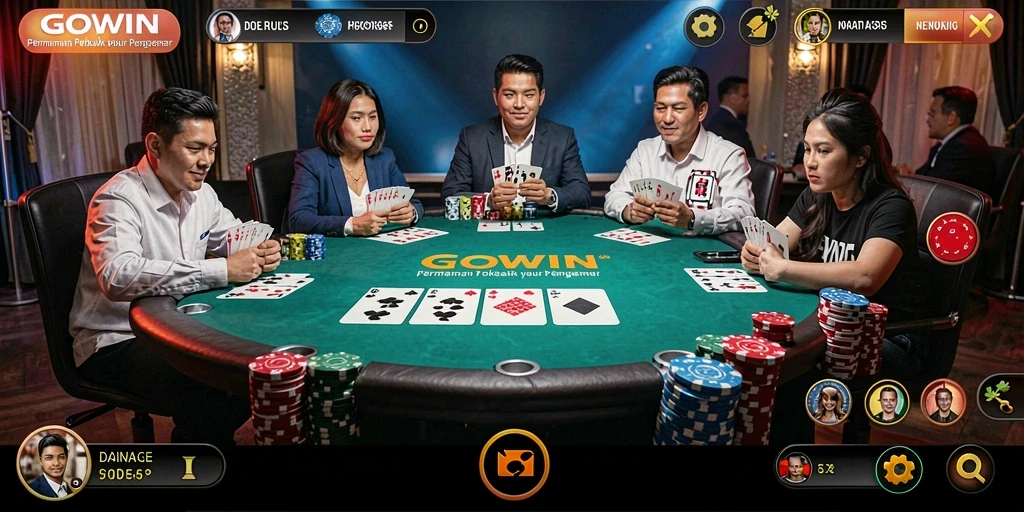 Screenshot GOWIN menampilkan suasana permainan Poker yang intens.