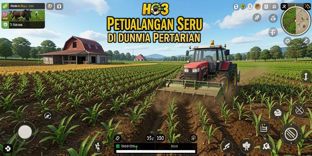 Screenshot utama HO3 menampilkan aktivitas pertanian yang seru.