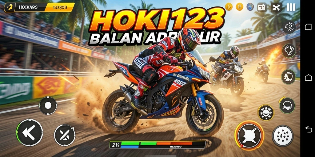 Screenshot utama HOKI123 menampilkan gameplay balapan motor yang mendebarkan.