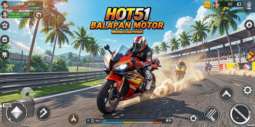Tampilan gameplay HOT51 yang mendebarkan saat balapan motor di trek.