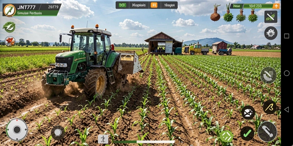 Screenshot gameplay menunjukkan suasana pertanian yang menawan dan aktivitas bertani yang seru.