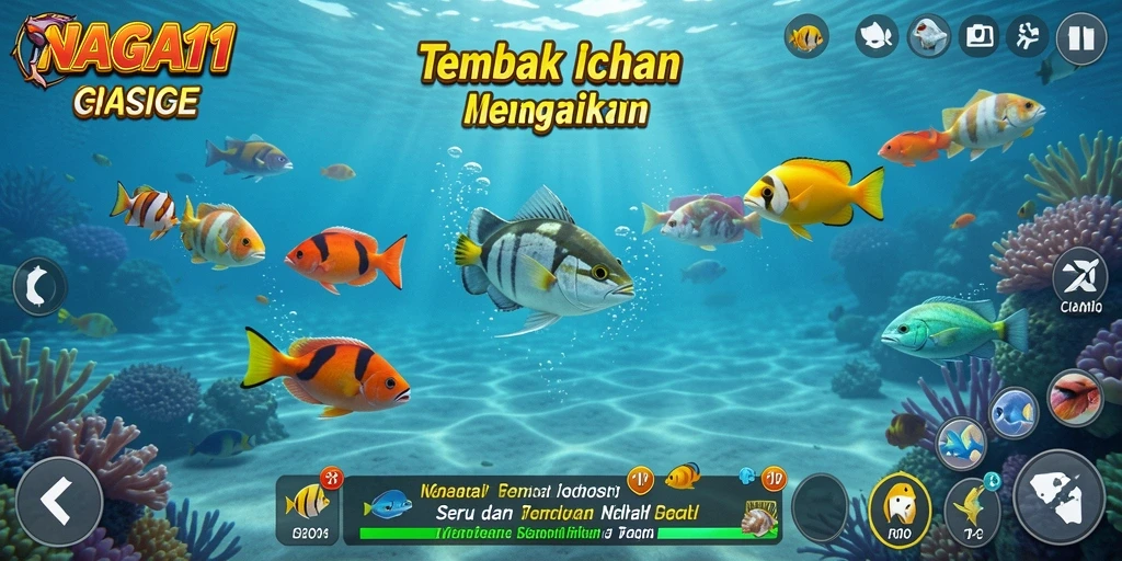 Tampilan gameplay seru dalam NAGA11 dengan aksi menembak ikan.