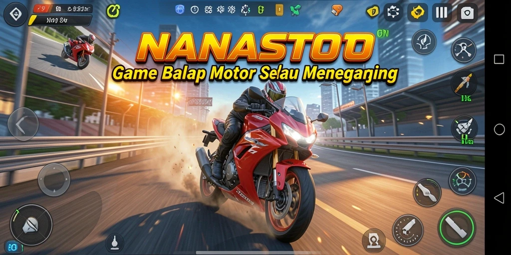 Screenshot utama NANASTOTO menampilkan balapan motor yang mendebarkan.