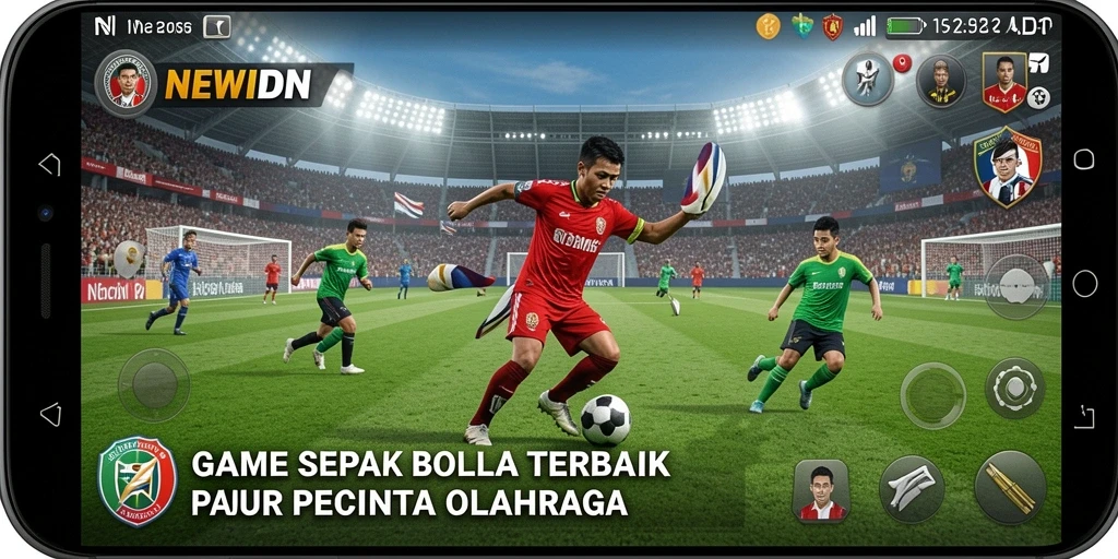 Screenshot gameplay NEWIDN menampilkan aksi seru di lapangan sepak bola.