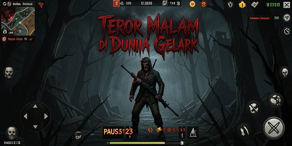 Tangkapan layar utama PAUS123 memperlihatkan suasana menyeramkan dalam gameplay.