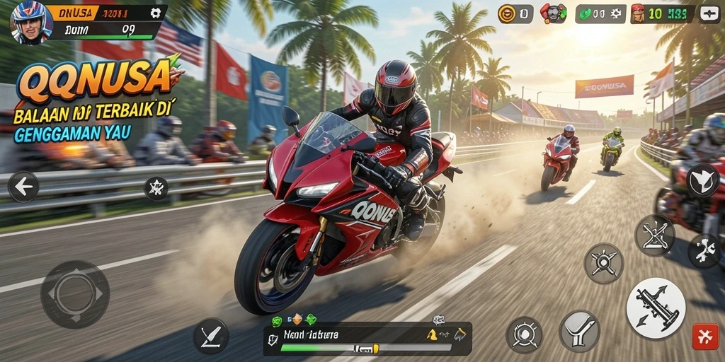 Tampilan gameplay balapan motor yang seru dan mendebarkan.