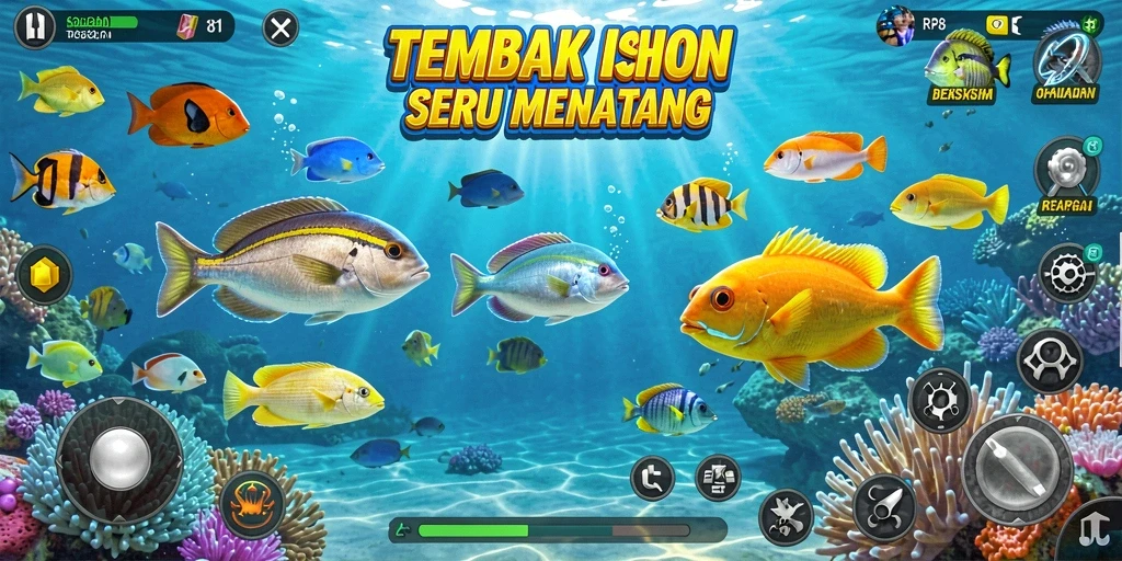 Screenshot gameplay RP8 menampilkan aksi seru menembak ikan.