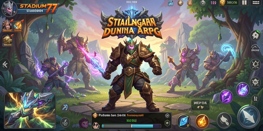 Screenshot utama STADIUM77 menampilkan pertempuran seru di dunia ARPG.
