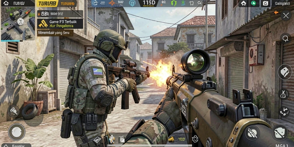 Screenshot dari gameplay TURU99 yang menggambarkan aksi menembak yang intens.
