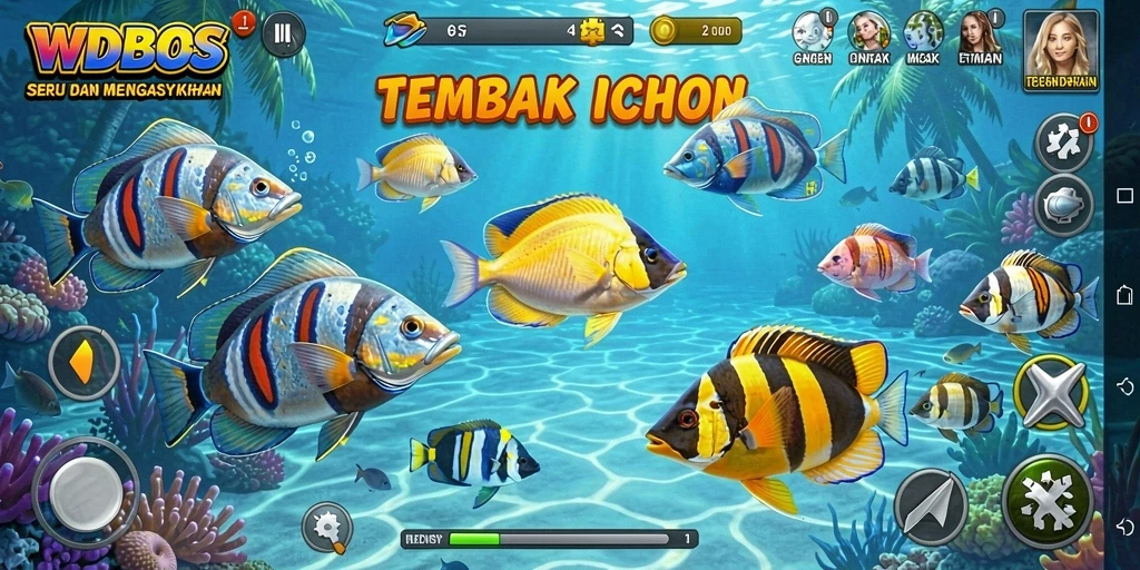 Menampilkan gameplay seru dalam menangkap ikan di bawah laut.